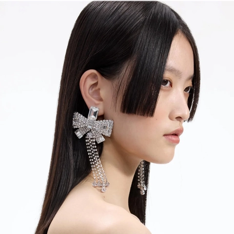 French Style Bow Tassel Drop Earrings For Women Elegant Copper Alloy Long Rhinestone Dangle Earrings Fashion Jewelry Accessories