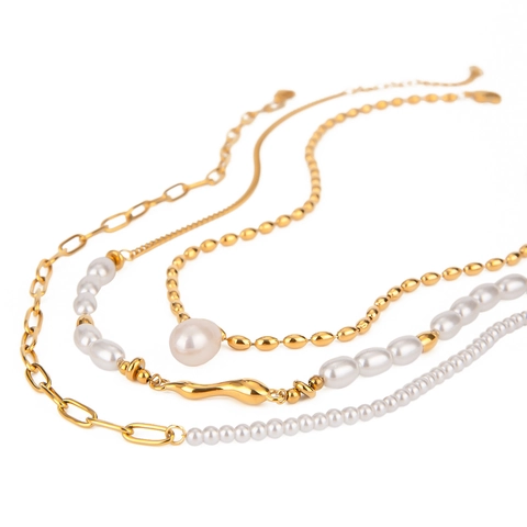 Collana A Strati Acciaio Inossidabile Placcato Oro 18K Perla D'acqua Dolce Perline Di Vetro Resistente Elegante Donna