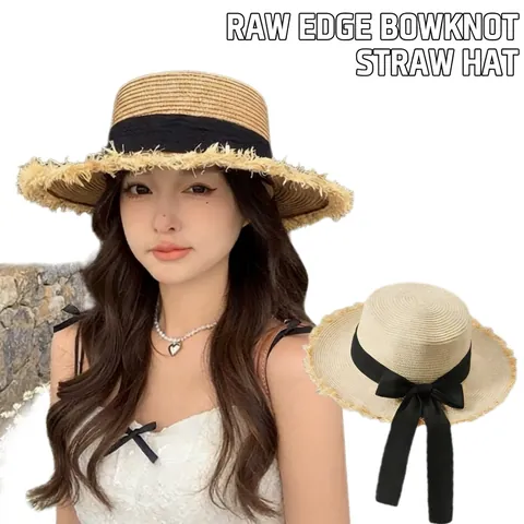 Cappello Di Paglia Boater Da Donna Tesa Larga Bordo Sfrangiato Protezione Solare Spiaggia Vacanza Fiocco