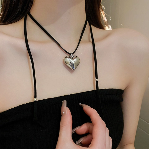 Heart Pendant Necklace Silver Mirror Polish Alloy Adjustable Black Leather Cord Choker Hip Hop Y2K Jewelry For Women