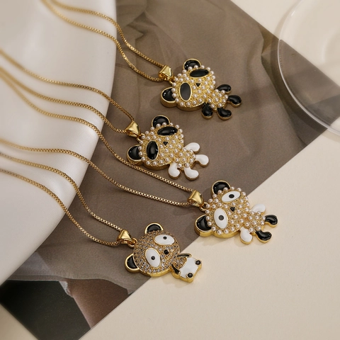 Cute Panda Pendant Necklace For Women Copper Gold Plated With Artificial Pearl Rhinestone Enamel Bear Clavicle Chain Jewelry