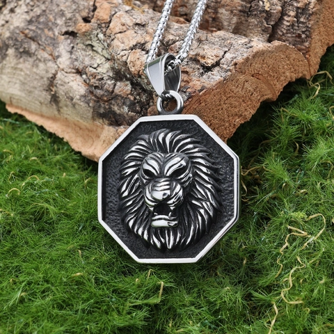 Lion Head Pendant Necklace For Men Stainless Steel Hip Hop Punk Retro Geometric Animal Charm Jewelry