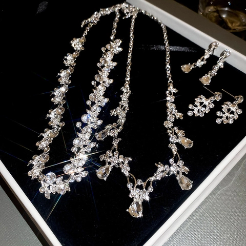 Leaf Flower Water Drop Jewelry Set Alloy Rhinestone 925 Sterling Silver Earring Post Elegant Bridal Wedding Women