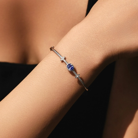 925 Sterling Silver Bangle Bracelet Elegant Oval Blue Zircon Inlaid Geometrical For Women Minimalist Sparkling Fine Jewelry