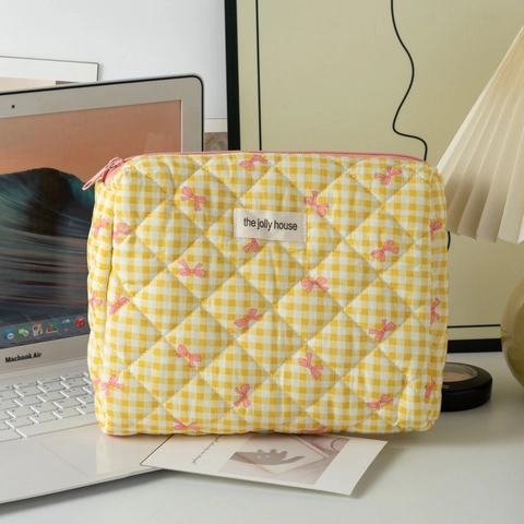 Borsa Per Cosmetici In Cotone Trapuntato Gingham Motivo A Fiocco Organizzatore Per Trucco Da Viaggio Portatile Per Donne
