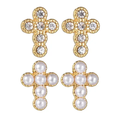 Orecchini A Lobo Croce Stile Francese Retro Acciaio Inossidabile Strass Perla Artificial Gioielli Religiosi Vintage Per Donna