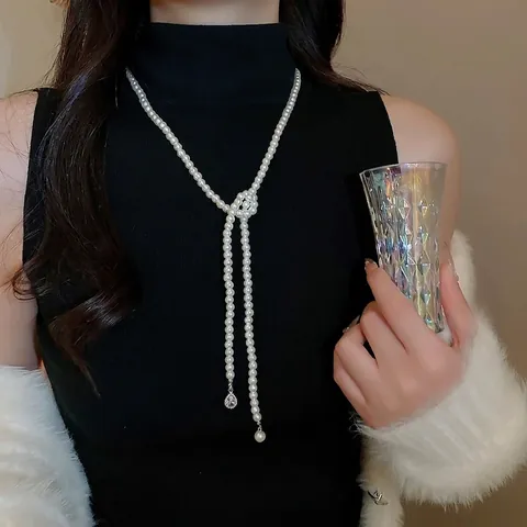 Elegante Collana Lunga Di Künstliche Perle Con Pendente In Zircone A Goccia Catena Per Maglione Gioielli In Rame Donna