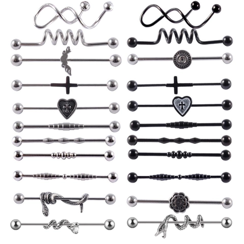 Industrial Barbells Earrings Stainless Steel Snake Cross Heart Flower Piercing Jewelry For Women Men Punk Style