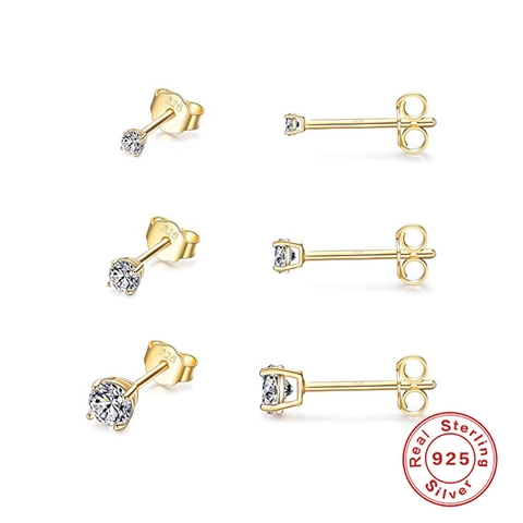 Minimalist Stud Earrings Cubic Zirconia With 925 Sterling Silver Earring Post Round Geometric Tiny Jewelry For Women