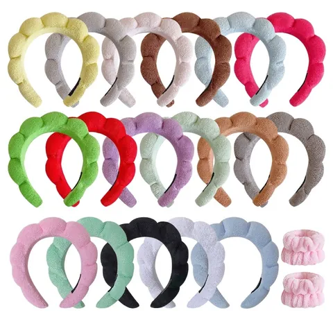 Twisted Puffy Spa Headband And Wristbands For Women Face Washing Padded Terry Cloth Thick Makeup Skincare Head Band