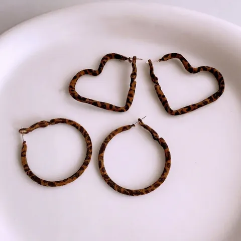 Leopard Print Earrings Heart Round Shape Velvet Texture Cloth Over Iron With 925 Sterling Silver Earring Post Vintage For Women