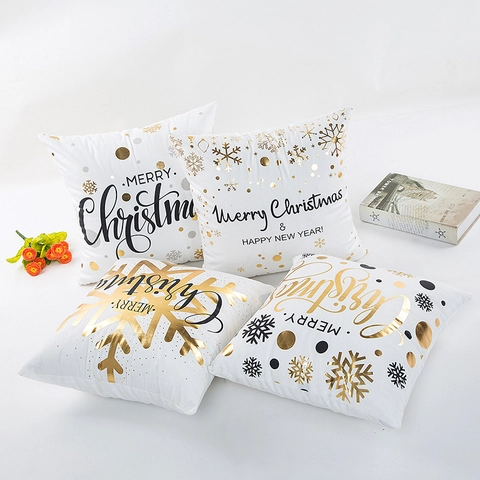 Bronzing Gold Snowflake Polka Dot Merry Christmas Decorative Square Soft Polyester Christmas Pillowcase Cushion Cover