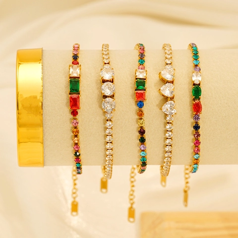 Adjustable Zircon Tennis Bracelet 18K Gold Plated Stainless Steel Colorful Crystal Jewelry For Women Fashion