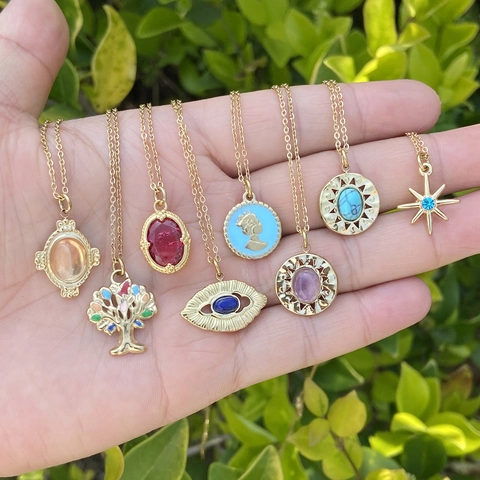 Pendant Necklace Stainless Steel Natural Stone Gold Plated Vintage Retro Evil Eye Tree Of Life Jewelry For Women