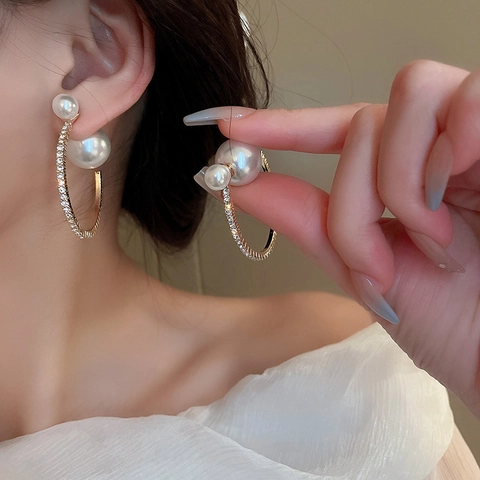 Pendientes De Botón Con Doble Perla Artificial En Forma De C Con Aleación De Diamantes De Imitación Y Poste De Plata De Ley 925 Para Mujer