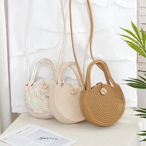 Runde Gewebte Umhängetasche Baumwollseil Stroh Schultertasche Sommer Strand Urlaub Boho Stil Für Damen