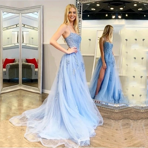 Women Lace Tulle Evening Dress Backless Lace-Up High Slit Spaghetti Strap Formal Party Prom Maxi Gown Elegant