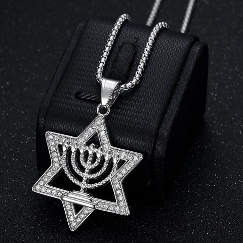 Hip Hop Titanium Steel Gold Plated Star Of David Pendant Necklace With Rhinestone Menorah Hexagram Pendant For Men Religious Jewelry