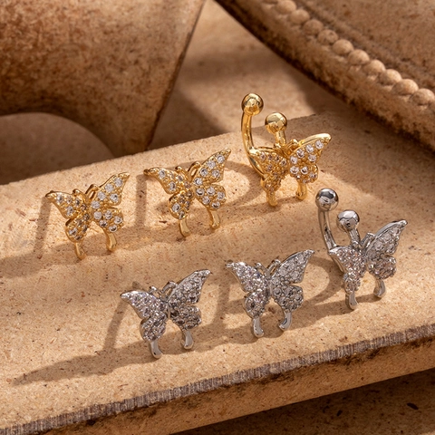 Set Di Clip Per Orecchie E Orecchini A Farfalla Rame Zircone Micro Pavè Gioielli Per Piercing Alla Cartilagine Di Moda Per Donne