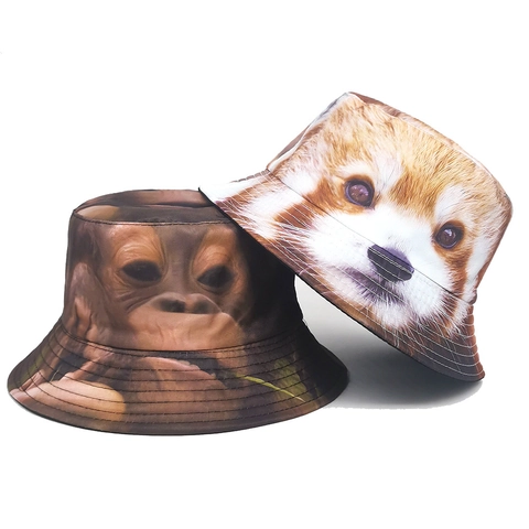 Bob Imprimé Visage Animal 3D Gorille Réaliste Panda Roux Polyester Protection Solaire Extérieur Décontracté Réversible