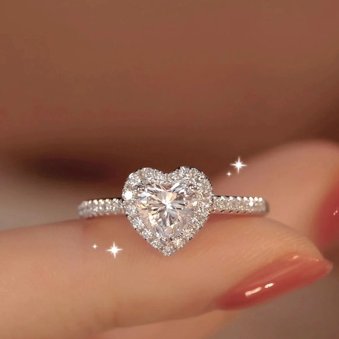 Heart Shaped Ring Copper Rhinestone Halo Setting Adjustable Wedding Engagement Proposal Jewelry For Women