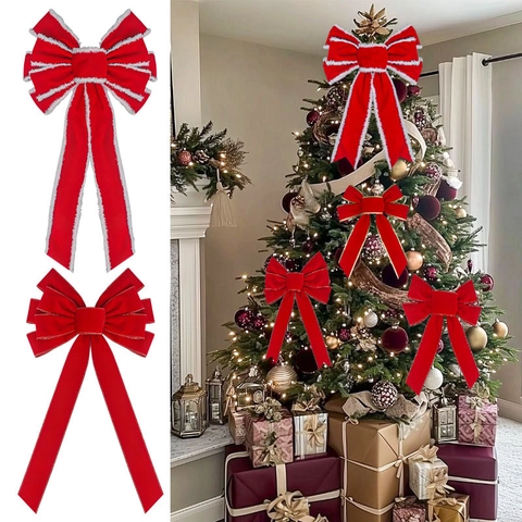 Weihnachtsdekoration Schleifen Rot Beflockter Samt Für Baum Feiertagsparty Kranz Ornamente Mehrlagig Klassisch Festlich