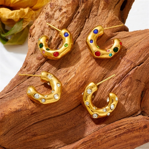 Vintage C-Shaped Hoop Earrings Stainless Steel With Colorful Zircon 18K Gold Plated Hypoallergenic Jewelry For Unisex