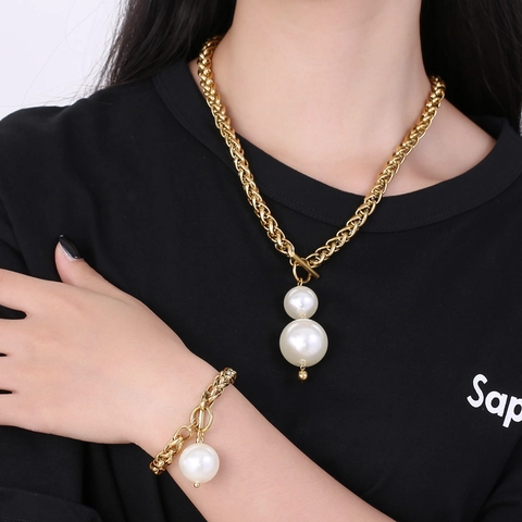 Stainless Steel Jewelry Necklace And Bracelet With Imitation Artificial Pearls Chunky Chain Toggle Clasp Fashion For Women