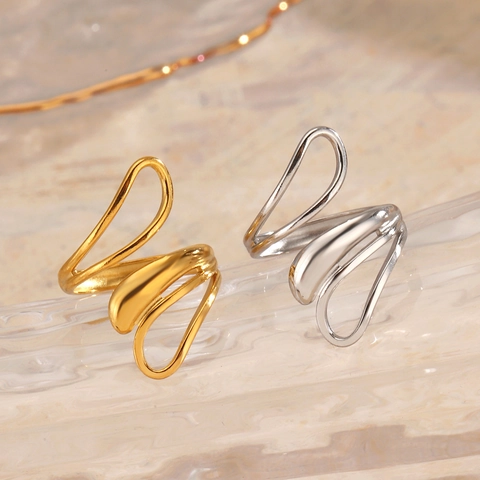 Anello Aperto In Acciaio Inossidabile Per Donna Linea Astratta Ondulata Geometrica Cavo Minimalista Hip Hop Placcato Oro