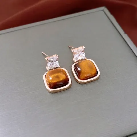 Vintage Vierkante Tijgeroog Oorknoppen Met Zirkoon 18K Verguld 925 Zilveren Oorpunt Voor Dames