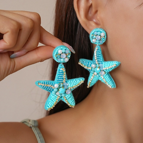 Bohemian Starfish Dangle Earrings With Turquoise Beads Faux Artificial Pearl Rhinestone And 925 Sterling Silver Earring Post Beach