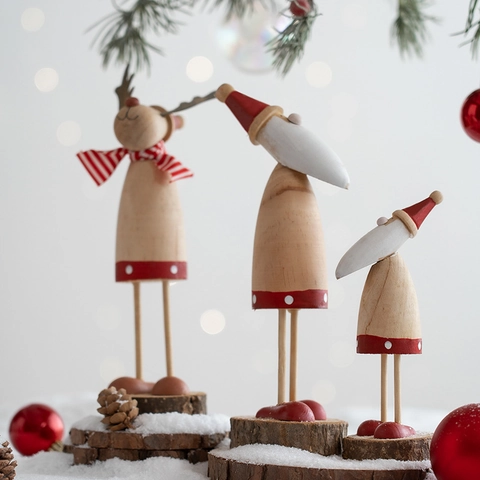 Figurine De Noël En Bois Ornement Père Noël Renne Bonhomme De Neige Poupée Debout Décoration De Table Maison Style Nordique