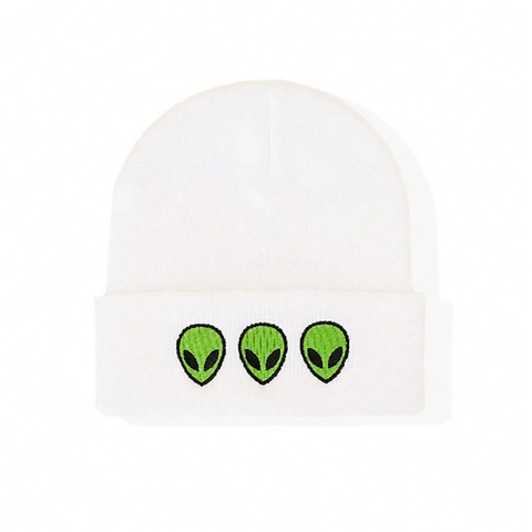 Bonnet Beanie À Broderie Alien Revers Acrylique Tricoté Chaude Casquette Hiver Streetwear Pour Femmes Hommes