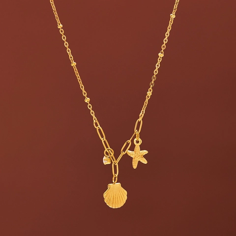 Collana Delicata Con Ciondolo A Forma Di Conchiglia E Stella Marina Acciaio Inossidabile Placcato Oro Zircone Gioielli