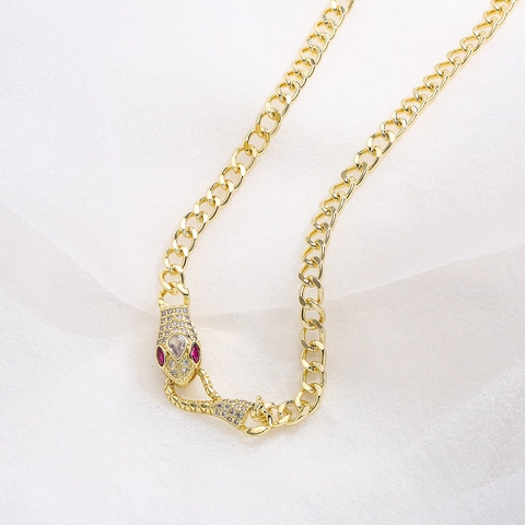 Collana Con Ciondolo A Testa Di Serpente Rame Placcato Oro 18K Zirconi Catena Cubana Gioielli Da Donna Elegante