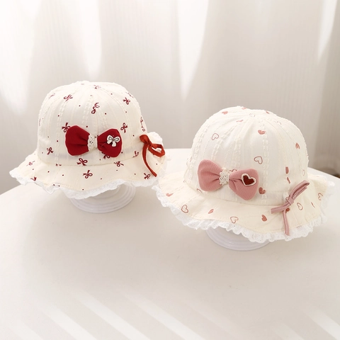 Baby Girl Bucket Hat Cotton Sun Protection Fisherman Cap With Bowknot Lace Trim Heart Floral Print For Infants