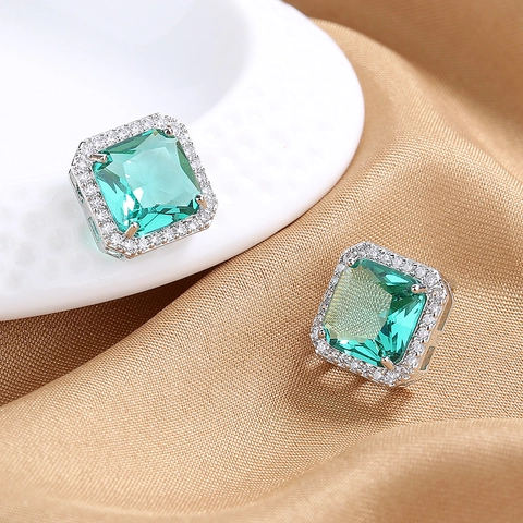 Vintage Octagonal Square Halo Stud Earrings Elegant Rhinestone Copper Earrings For Women Blue-Green Red Jewelry