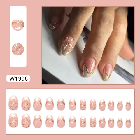 Französische Künstliche Nägel Zum Aufkleben ABS Kunststoff 3D Blume Goldrand Oval Süß Elegant Accessoire Damen