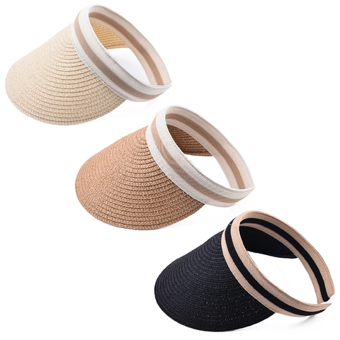 Women Sun Visor Hat Straw Woven Empty Top Striped Wide Brim Beach Outdoor UV Protection Casual Ladies