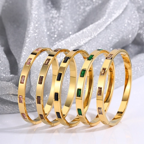 Stainless Steel Bangle Bracelet For Women With Rectangle Cubic Zirconia High Polish Gold Plated Elegant Luxury Jewelry