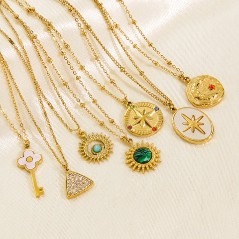 Roestvrij Stalen Hanger Ketting Natuursteen Witte Schelp Zirkoon Zon Maan Kompas Sleutel Bedel Kralen Ketting Vintage Dames