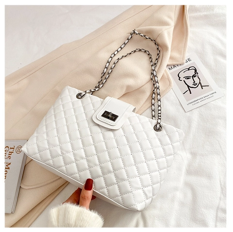 Women Fashion Casual Quilted Chain Tote Bag PU Leather Solid Color Single Shoulder Underarm Crossbody Bag