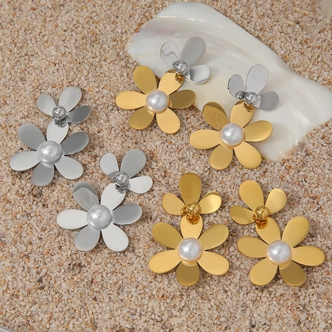 Orecchini A Fiore Acciaio Inossidabile 304 Con Künstliche Perle Sintetiche Pendente Floreale Gioielli Eleganti Per Donne