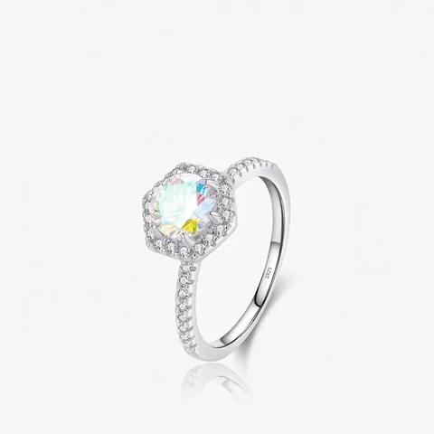 Anello In Argento Sterling 925 Con Zircone Arcobaleno Halo Esagonale Gioielli Di Lusso Geometrici Da Donna