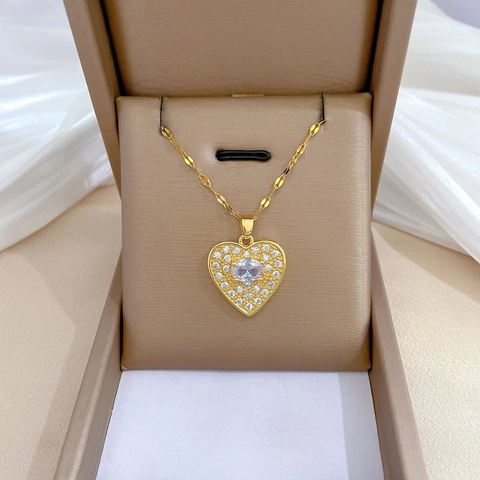 Herz Anhänger Halskette Edelstahl Kette Kupfer Zirkon Eingelegt Elegant Luxus Schlüsselbein Schmuck Für Damen