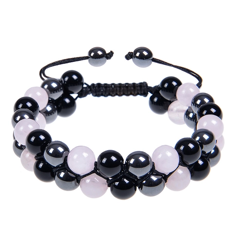 Pulsera Trenzada De Cuarzo Rosa Y Obsidiana Hematita Natural Doble Capa Ajustable Joyería De Piedra Curativa Para Mujer Hombre