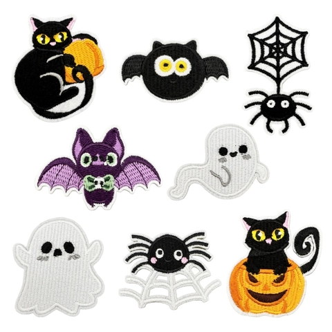 Halloween Embroidery Patches Iron On Sew On Polyester Ghost Bat Black Cat Pumpkin For DIY Clothes Decoration Accessories