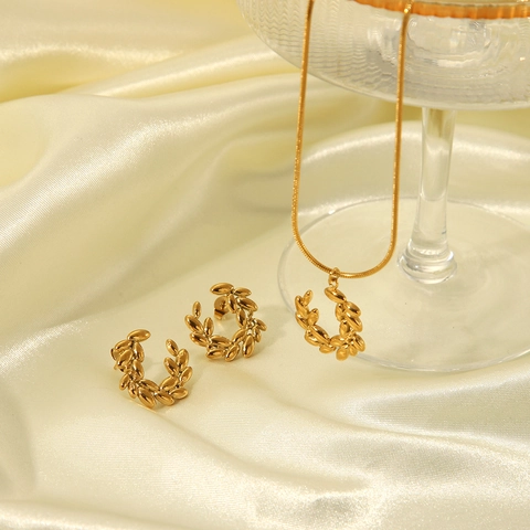 Gold Stainless Steel Wheat Ear Leaf Wreath Necklace And Earrings Jewelry Set Fashion Snake Bone Chain For Women