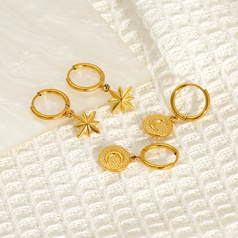 Vintage Hoop Oorbellen Dames 18K Verguld 304 Roestvrij Staal Zon Maan Ster Hart Sierlijke Retro Sieraden