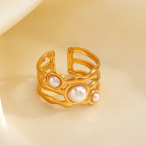 Anello in Acciaio Inossidabile Oro con Onda Irregolare Vintage Con Perla Artificiale Intarsiata Anello Aperto Regolabile per Donna Gioielli Hip Hop